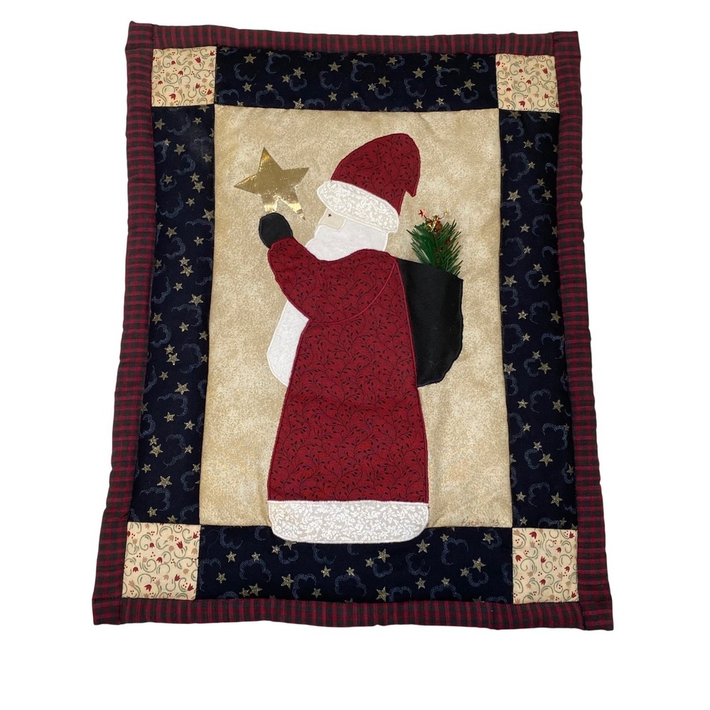 Vintage Handmade Santa Christmas Quilted Wall Hanging Applique Folk Art 14x18